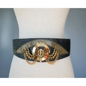 VTG 80s Wide Waist Cinch Belt Studded Medallion Goth Punk Statement Faux Leather